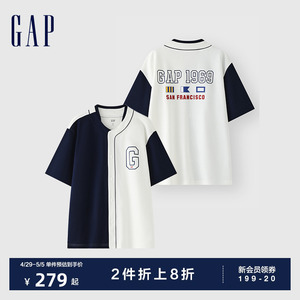 Gap男女装2024夏季新款撞色拼接印花logo短袖卫衣宽松开衫496384