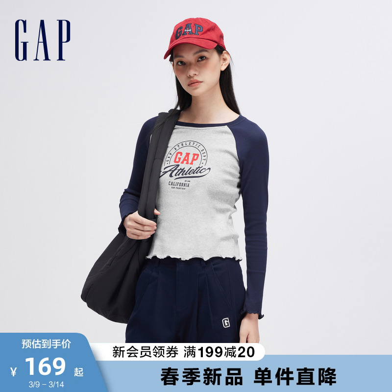 Gap女装2024春季新款logo撞色插肩袖花边长袖T恤针织女友T888456