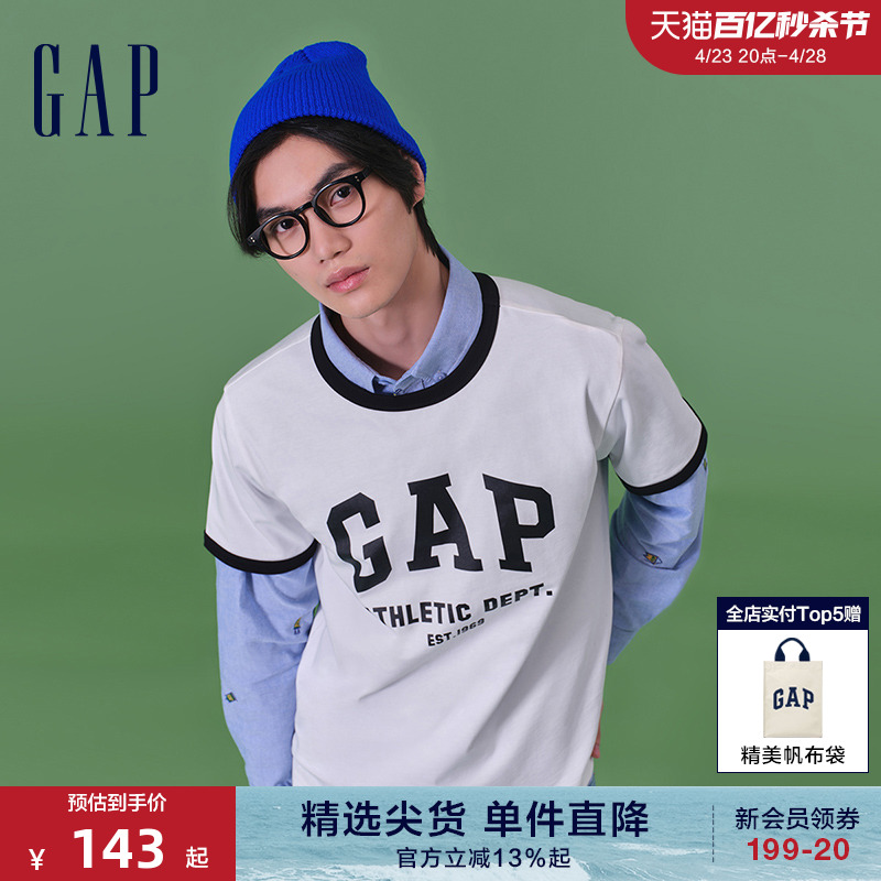 Gap男女装撞色领袖口logo短袖T恤