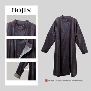 新中式香云纱龟裂纹宋锦风衣外套圆领国风复古中长款阔版人丝宽松