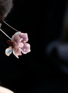 淡紫花瓣绒花木簪清冷国风发饰