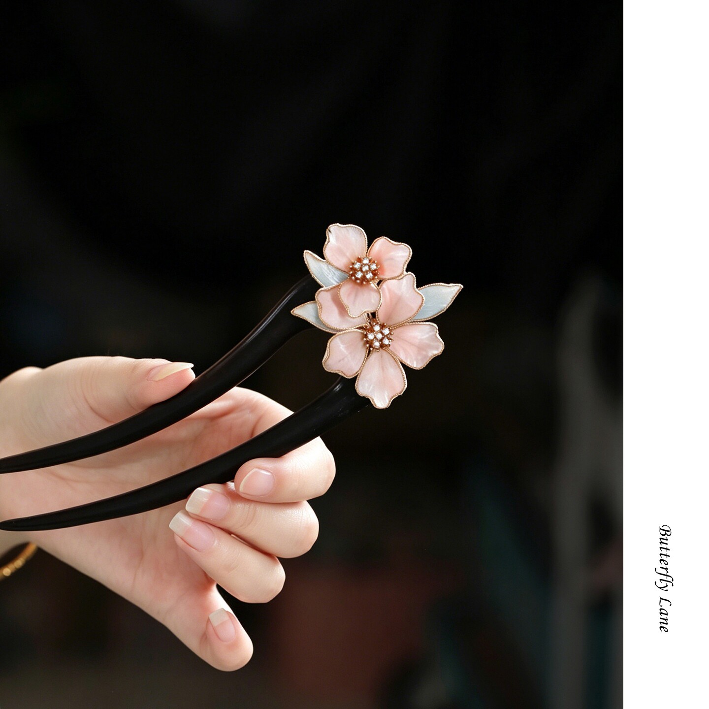淡雅粉蓝色绒花花朵发簪图片