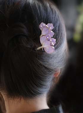 紫色发簪 小花簪绒花花朵发饰女 装饰侧边气质头饰国风旗袍盘发簪