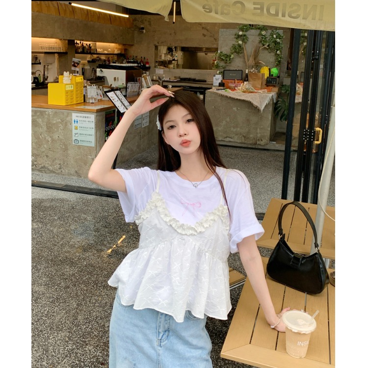 日系甜美卡哇伊蝴蝶刺绣木耳边吊带两件套小个子女减龄娃娃衫套装