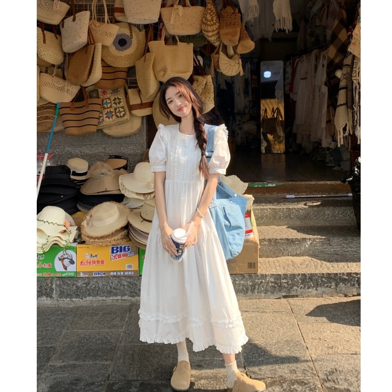 日系甜妹公主风蕾丝边泡泡短袖白色连衣裙蕾丝仙女蛋糕裙绝美长裙