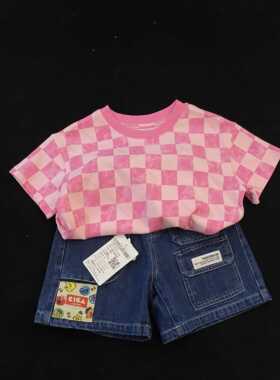 2024夏季男女童宝宝时尚韩版格子百搭A类纯棉男宝宽松T恤衫73241