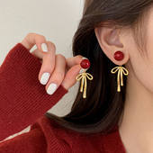 巷南 999银蝴蝶结耳钉高级感本命年2026马过新年耳饰女红耳环