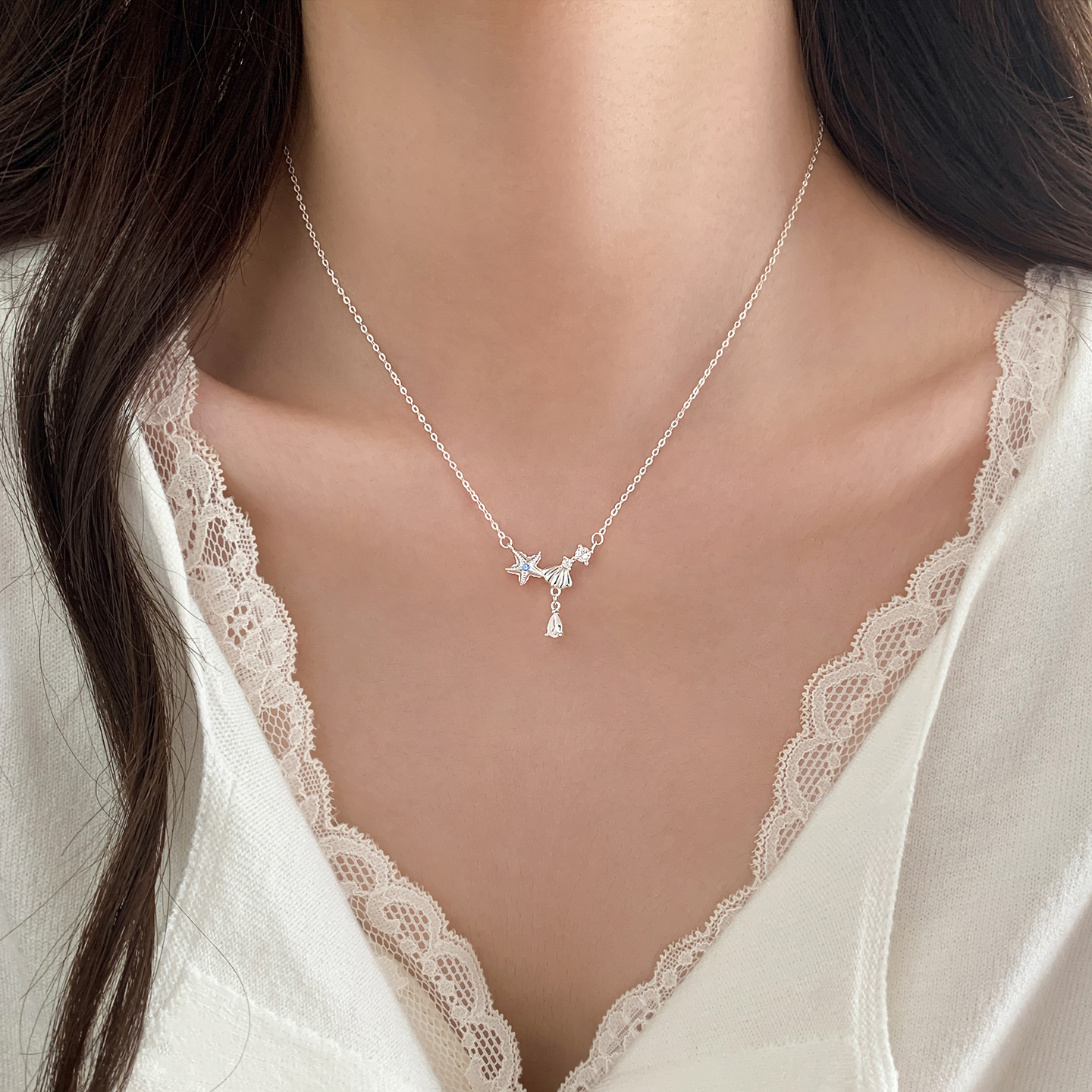 巷南999纯银海星贝壳项链轻奢女