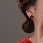 巷南999纯银朱砂耳钉女新年本命年红色2026马年耳环过年礼物耳饰