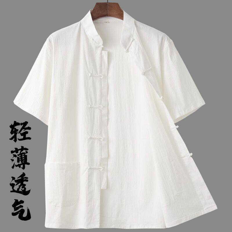 夏季轻薄中国风唐装男青年休闲亚麻弹力短袖盘扣中式衬衣衬衫茶服