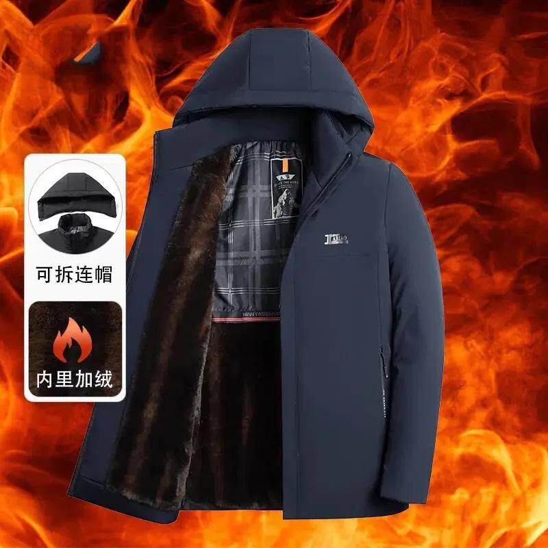 加绒加厚防风商务外套派克服中老年男爸爸棉服貂绒棉衣可脱卸帽