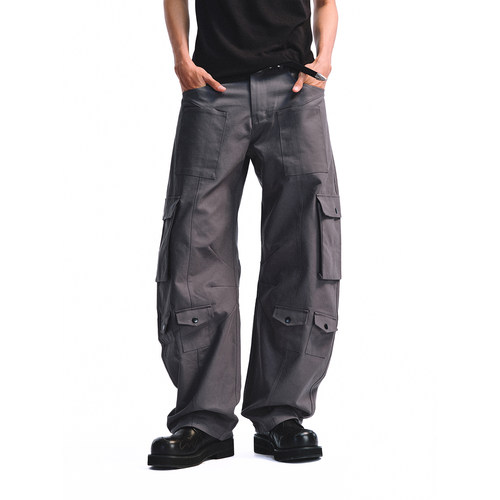 美式复古多口袋工装裤男宽松直筒阔腿休闲弯刀长裤