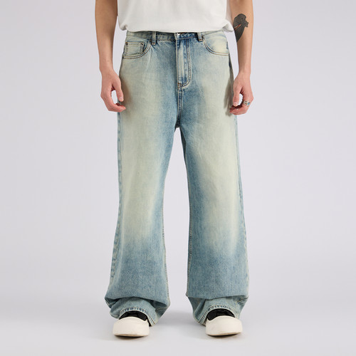 复古水洗做旧牛仔裤男宽松直筒阔腿长裤休闲百搭