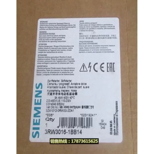 非实价议价议价3RW30161BB04原装 S00 9 A 4kW/千瓦软起动器3RW30