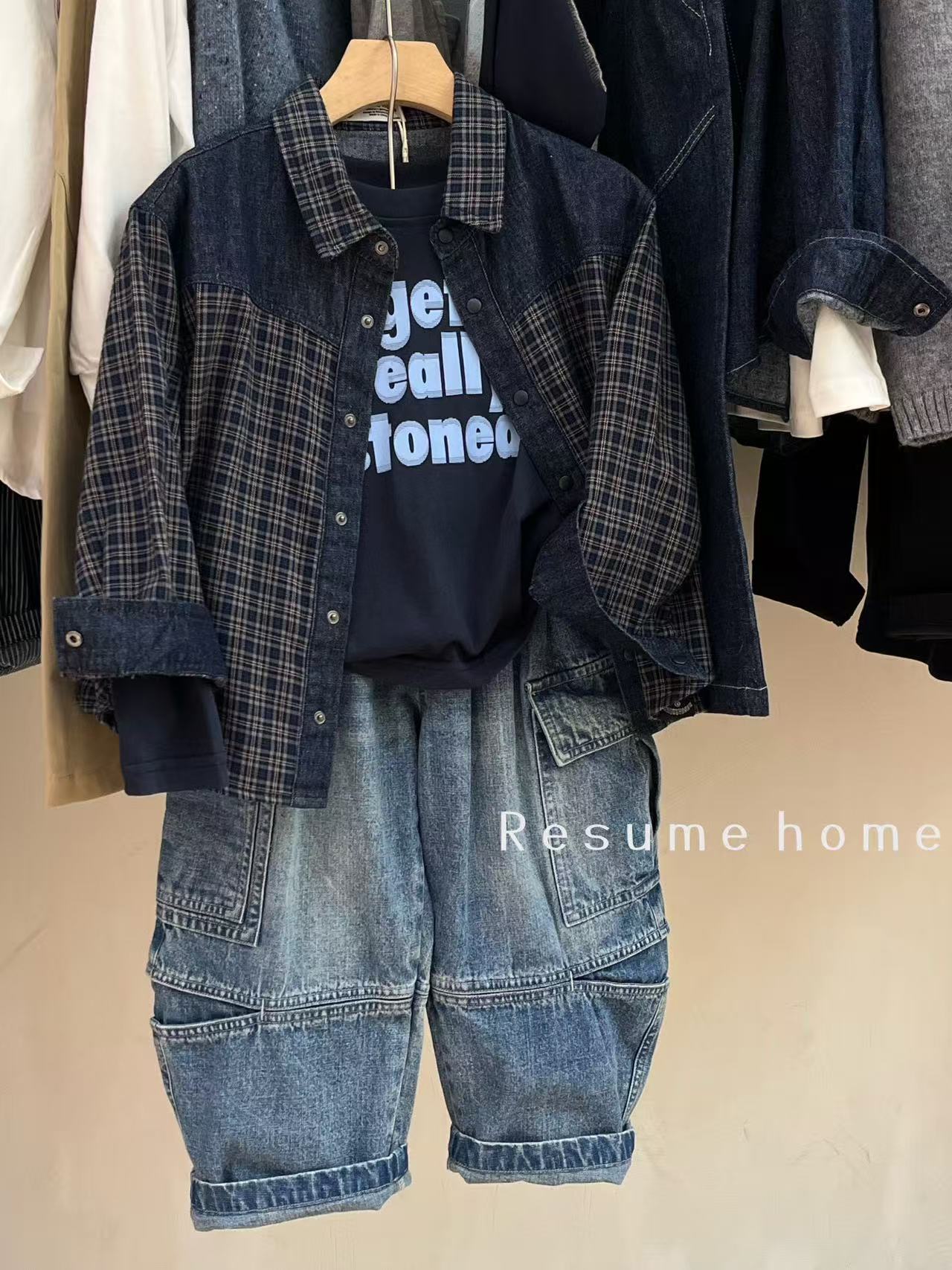 RESUMEHOME简历童装中童秋季纯棉拼接格子衬衫男孩超软糯长袖衬衣