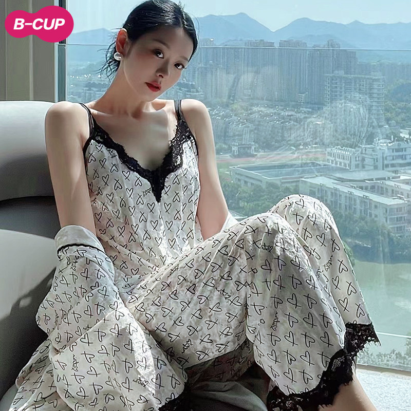 金丝绒睡衣三件套女春秋薄绒法式爱心小香风金钻绒小个子性感睡袍