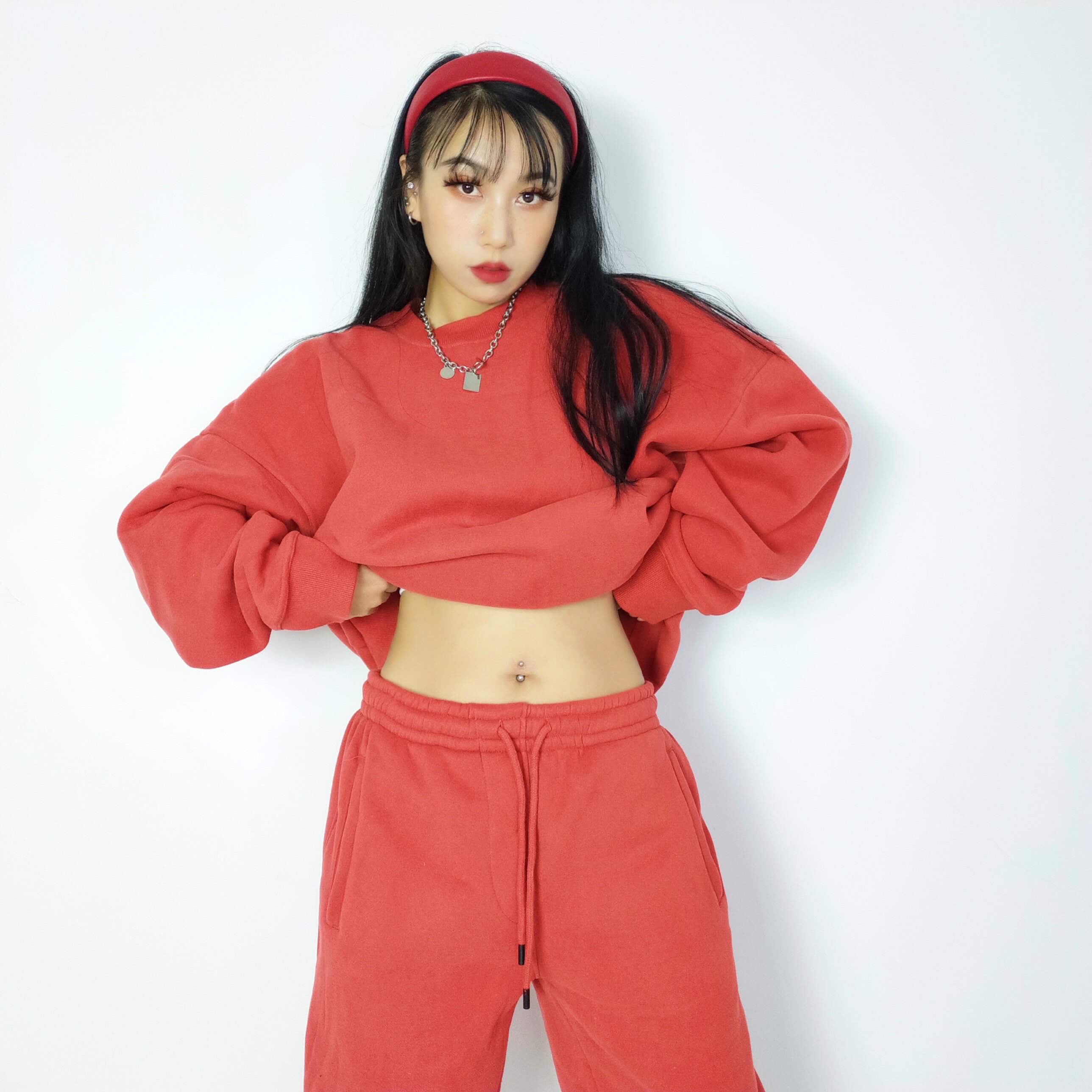 秋冬欧美辣妹复古红色加绒宽松休休闲运动套装
