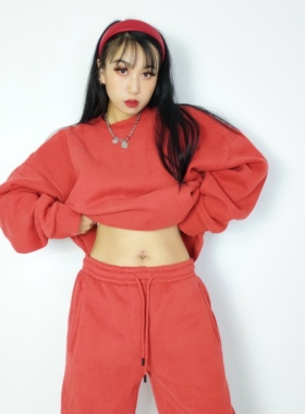 秋冬欧美辣妹复古红色加绒宽松休闲街头嘻哈套头卫衣卫裤套装男女