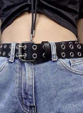 新款欧美街头复古嘻哈黑色pu双排扣摇滚朋克柳丁腰带腰带皮带女潮