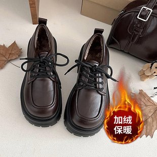 加绒小皮鞋女2025冬季新款百搭鞋子英伦风厚底增高乐福鞋大码女鞋