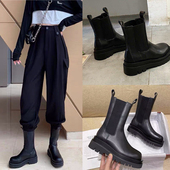 mona同款 厚底英伦切尔西短靴女马丁靴潮ins直筒英伦风骑士机车靴