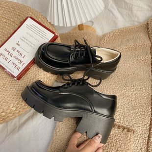 女士大码 鞋 粗跟厚底鞋 女百搭乐福鞋 子女秋冬高跟英伦风加绒小皮鞋