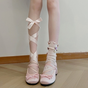 芭蕾舞单鞋 粗跟复古粉色高跟鞋 2024新款 丝绸绑带蝴蝶结玛丽珍女鞋