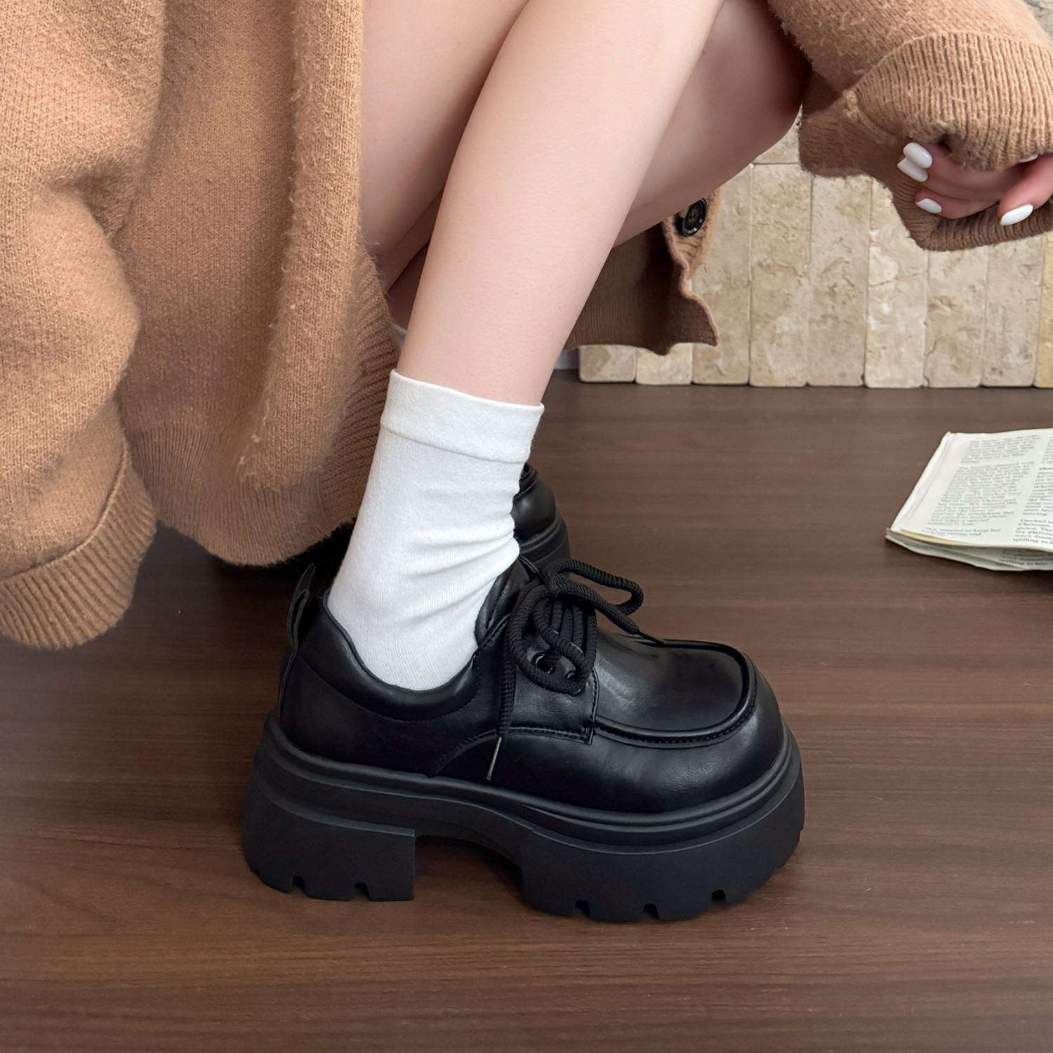 小个子女款高跟乐福鞋女2026新款厚底增高小皮鞋系带单鞋粗跟鞋子,女鞋,深口单鞋,淘宝优惠券,粉丝福利购,淘宝优惠卷