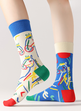 马到成功AB袜子男女情侣款棉袜嘻哈街头运动袜不对称鸳鸯中长筒袜