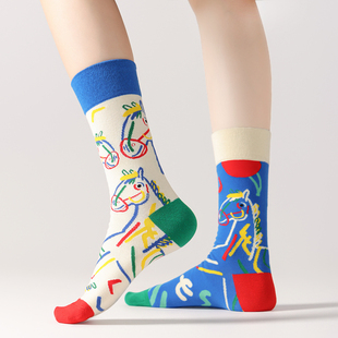 马到成功AB袜子男女情侣款棉袜嘻哈街头运动袜不对称鸳鸯中长筒袜