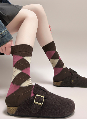 【5双装】太爱啦~秋冬复古菱格针织中筒袜撞色设计百搭显瘦堆堆袜