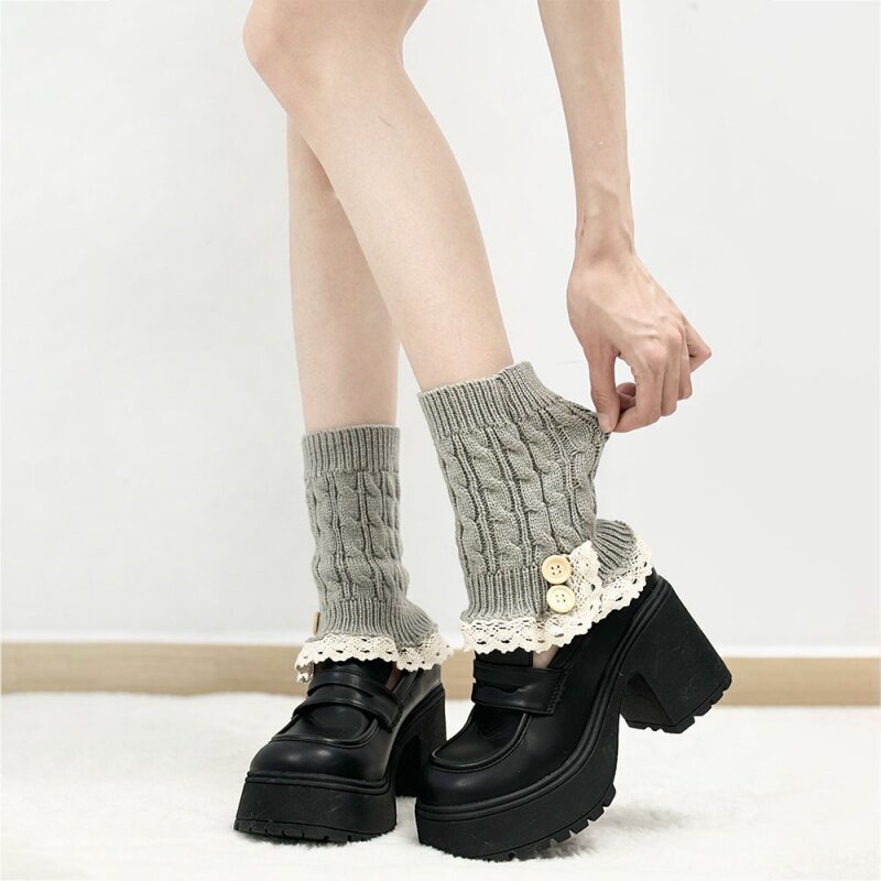 蕾丝花边袜针织腿套白色纽扣堆堆纯色袜套春秋甜美麻花纹短筒脚套