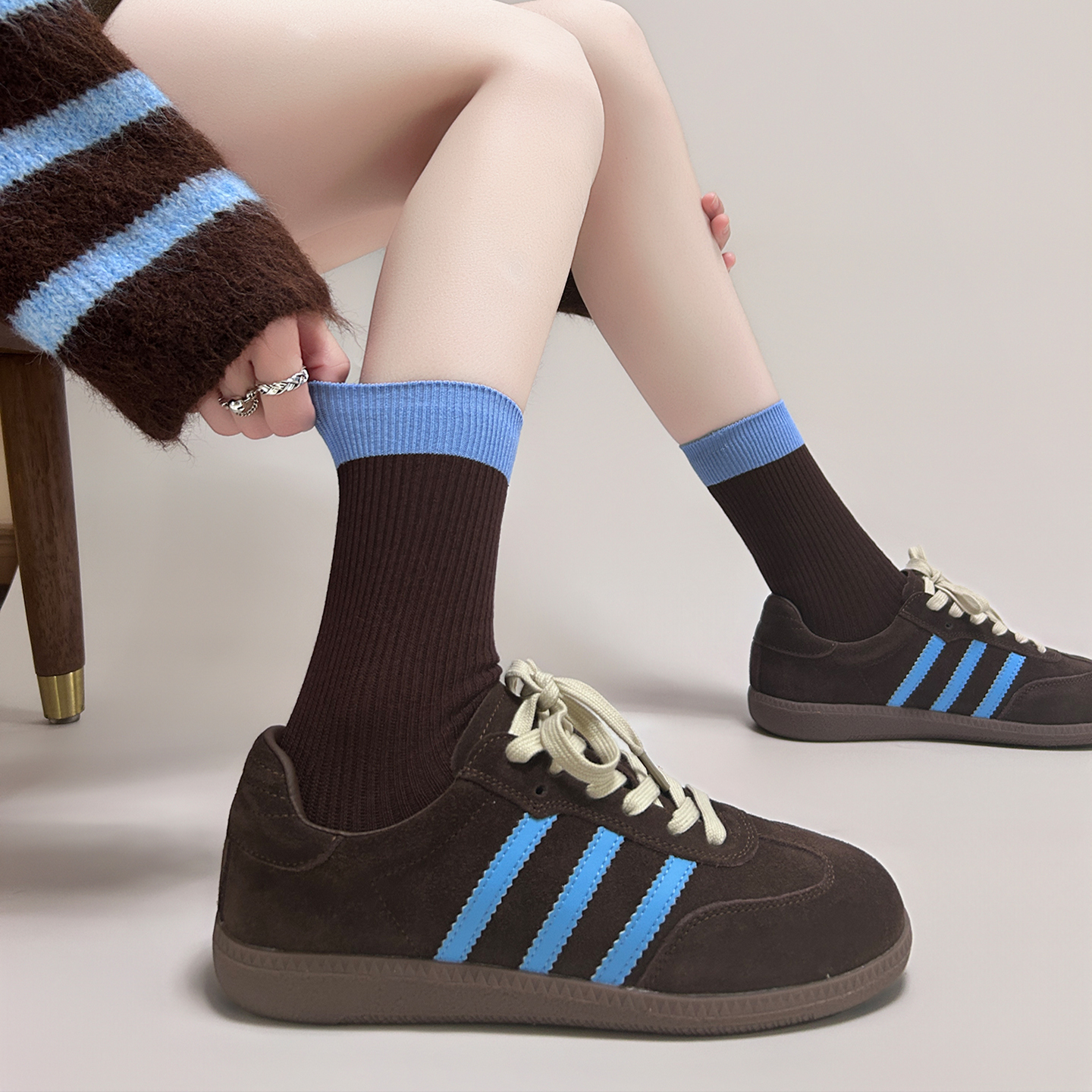 【5双装】冬季复古拼色袜袜子女~藏青色双针竖条纹堆堆袜中筒袜~