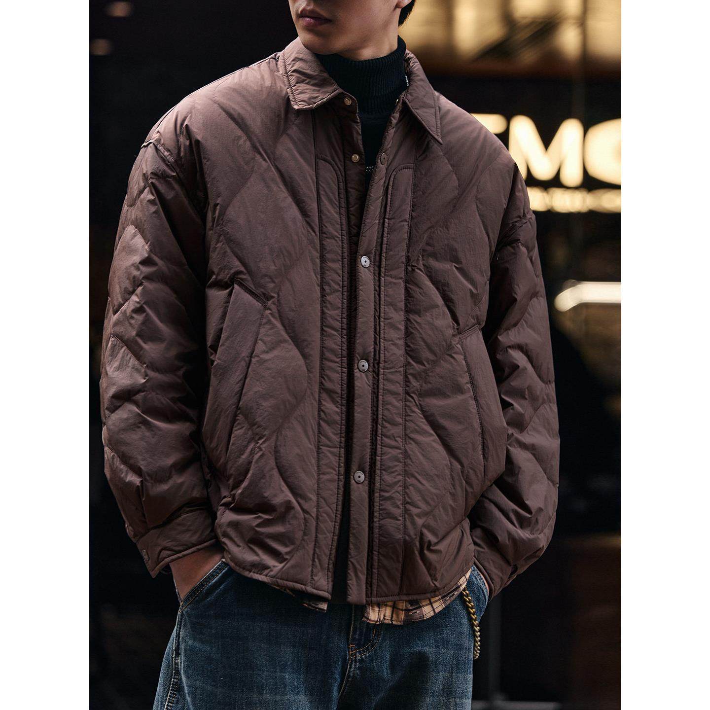 高端假两件轻薄菱形格羽绒服男冬季潮牌翻领衬衫男夹克外套