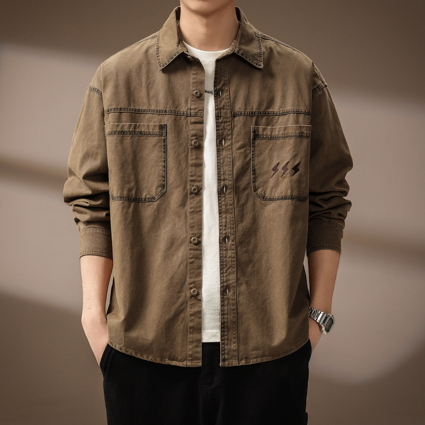 高端美式复古闪电刺绣男士工装衬衫春秋新款纯棉衬衣长袖外套男潮