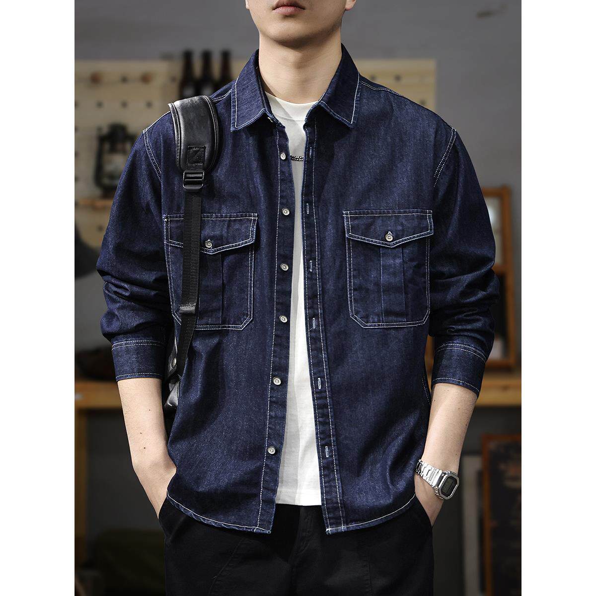 高端复古牛仔衬衫男秋季新款翻领痞帅长袖衬衣宽松休闲工装外套潮