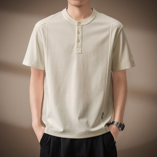 高端亨利领短袖Polo衫男夏季新款美式重磅立领T恤衫通勤五分半袖