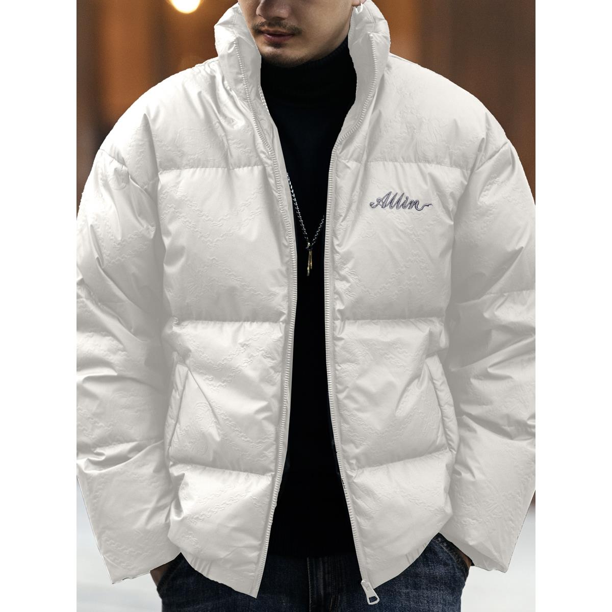 美式潮牌字母刺绣羽绒服男短款宽松立领休闲白色保暖外套男