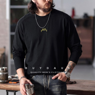 美式重磅纯棉长袖T恤男士春季新款宽松圆领字母刺绣打底衫上衣男