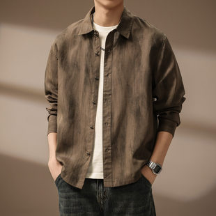 高端莱赛尔亚麻混纺老钱风长袖衬衫男士2026春秋新款轻盈透气衬衣