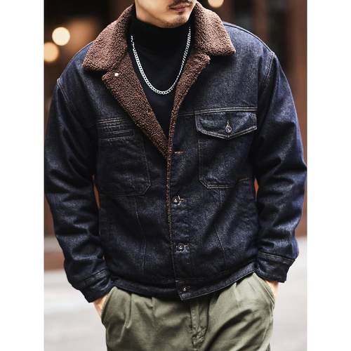 高端复古羊羔绒牛仔外套男冬季潮牌加厚棉服男休闲工装夹克