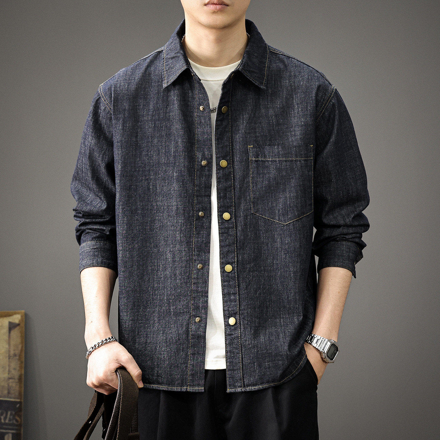 春季潮牌复古原色牛仔衬衫外套男2026新款高级感翻领长袖衬衣男款