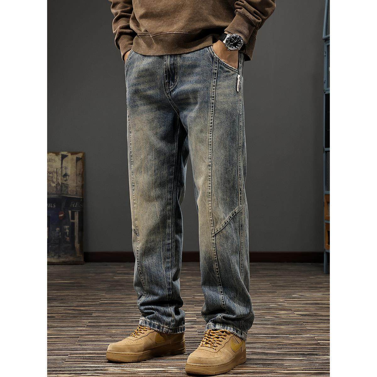 秋季美式复古设计感拼接牛仔裤男重磅水洗宽松大码垂感直筒阔腿裤