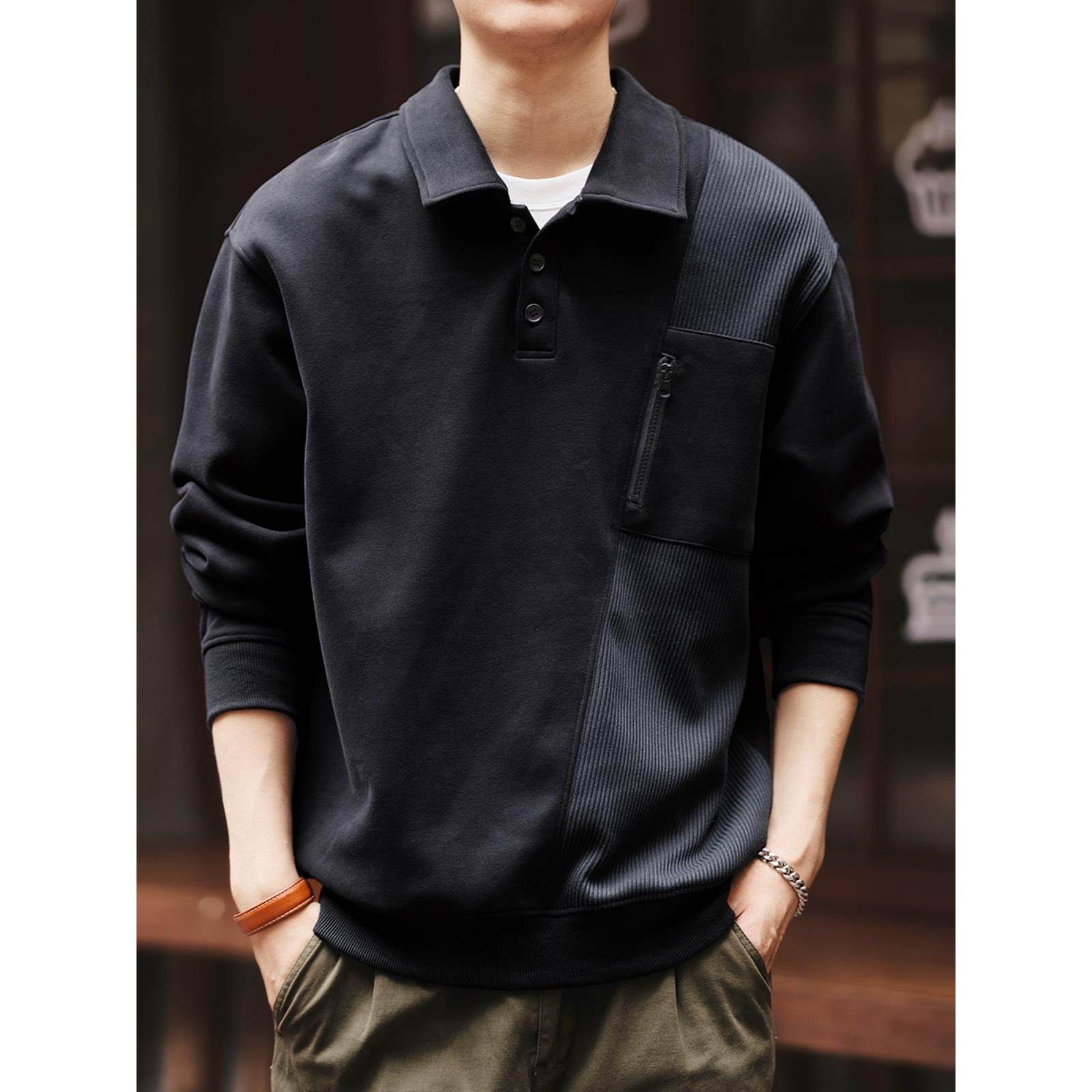 美式设计感复古个性拼接针织Polo衫男秋季新款宽松大码卫衣