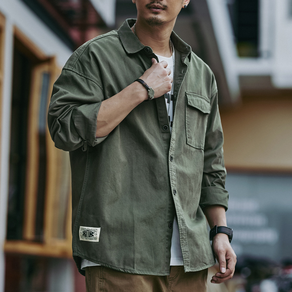 高级感复古美式休闲工装衬衫男外套春秋新款大码潮牌男士长袖寸衫