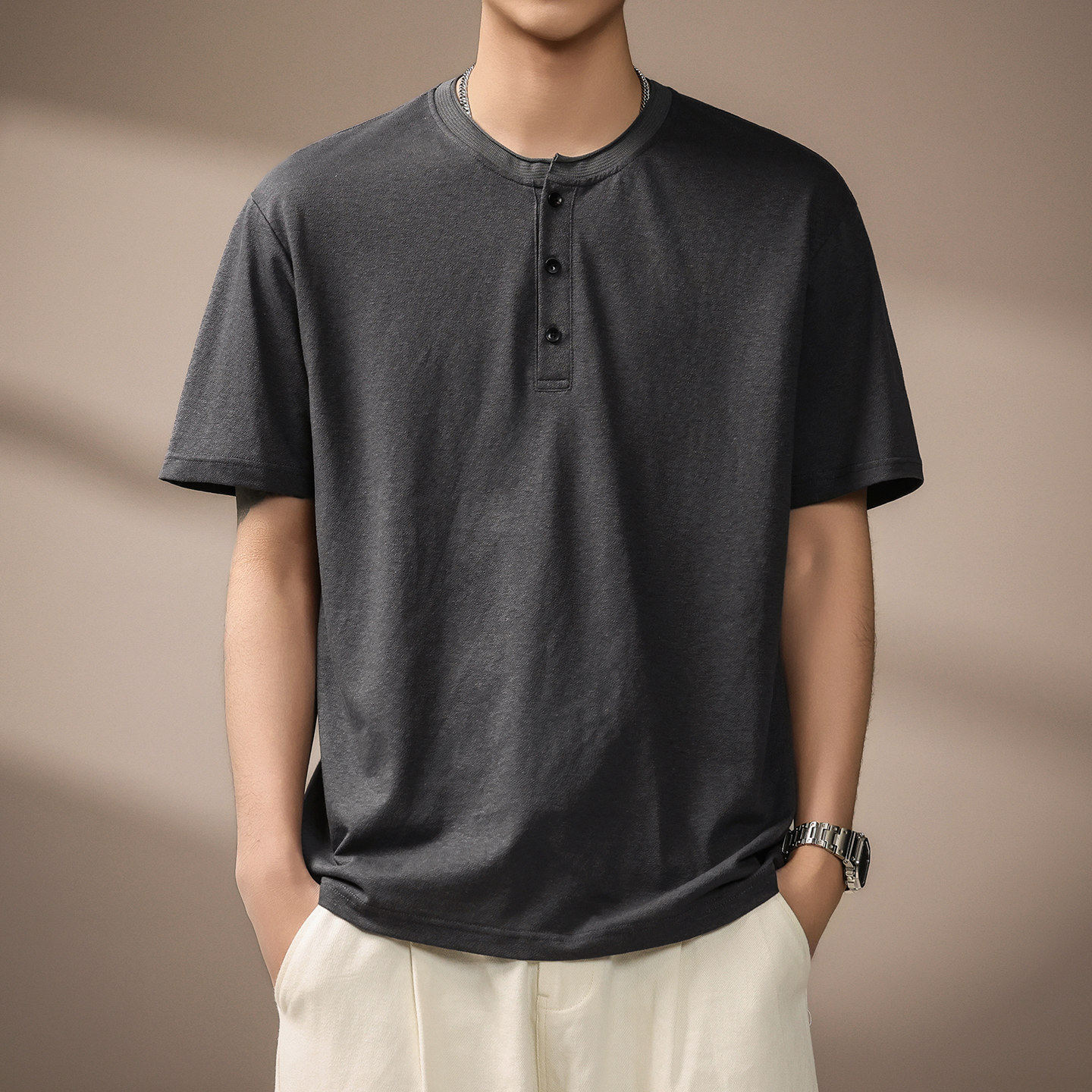 高端亨利领老钱风亚麻短袖Polo衫男夏季美式复古潮牌宽松半袖T恤