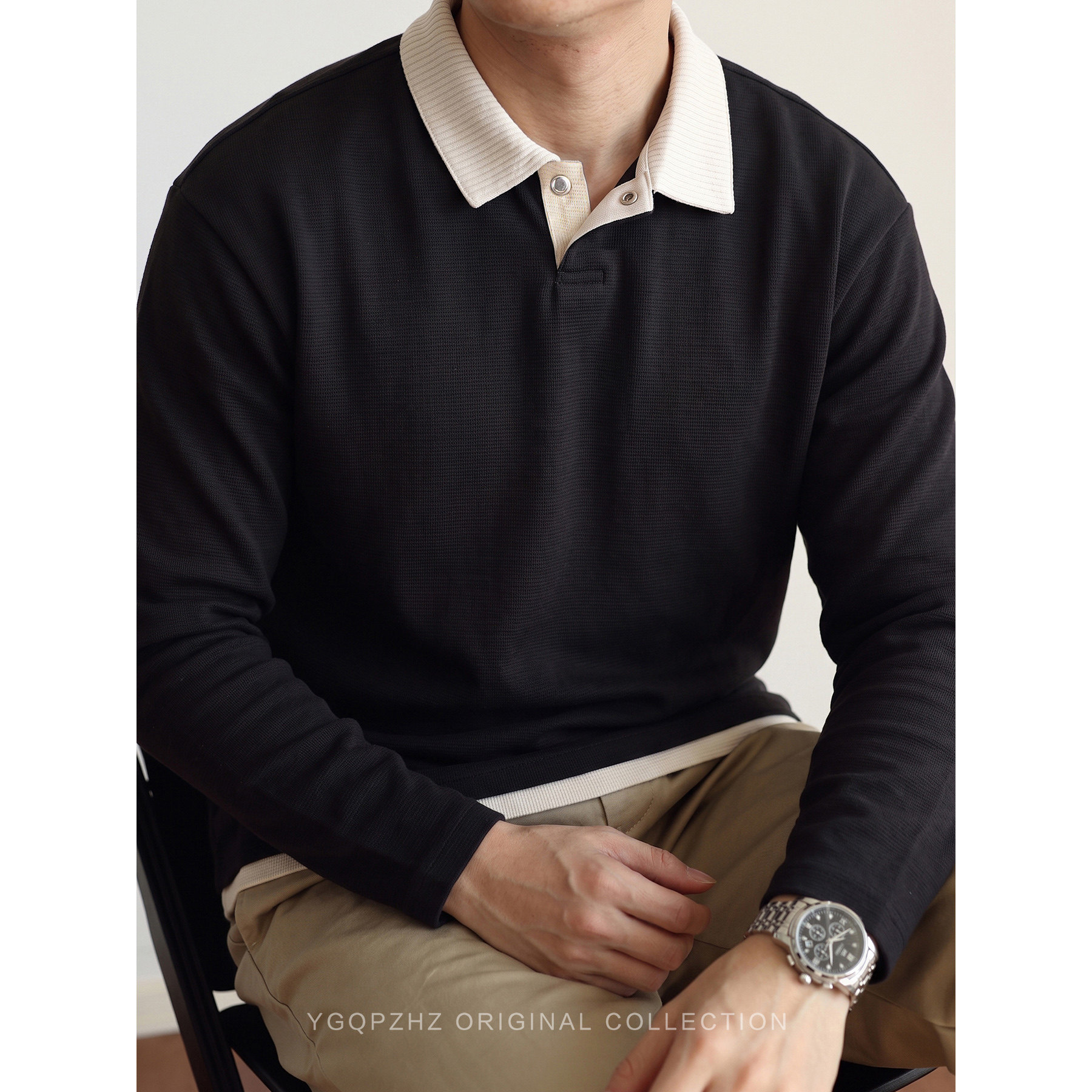 学院派轻老钱复古撞色假两件卫衣男士polo衫2026秋季美式长袖上衣