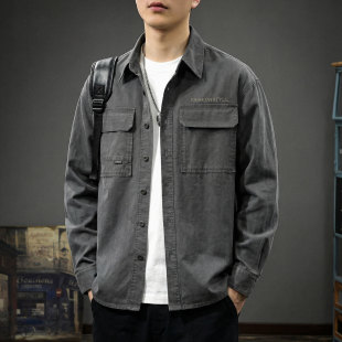 高密斜纹水洗美式工装衬衫男春季2026新款纯棉复古长袖衬衣外套潮