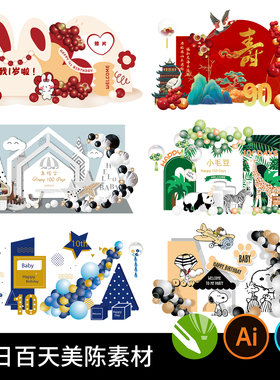 生日满月百天周岁宝宝宴生日会气球派对卡通美陈psd设计ai素材cdr