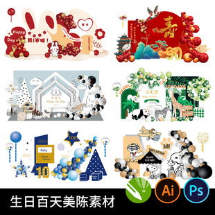 生日满月百天周岁宝宝宴生日会气球派对卡通美陈psd设计ai素材cdr